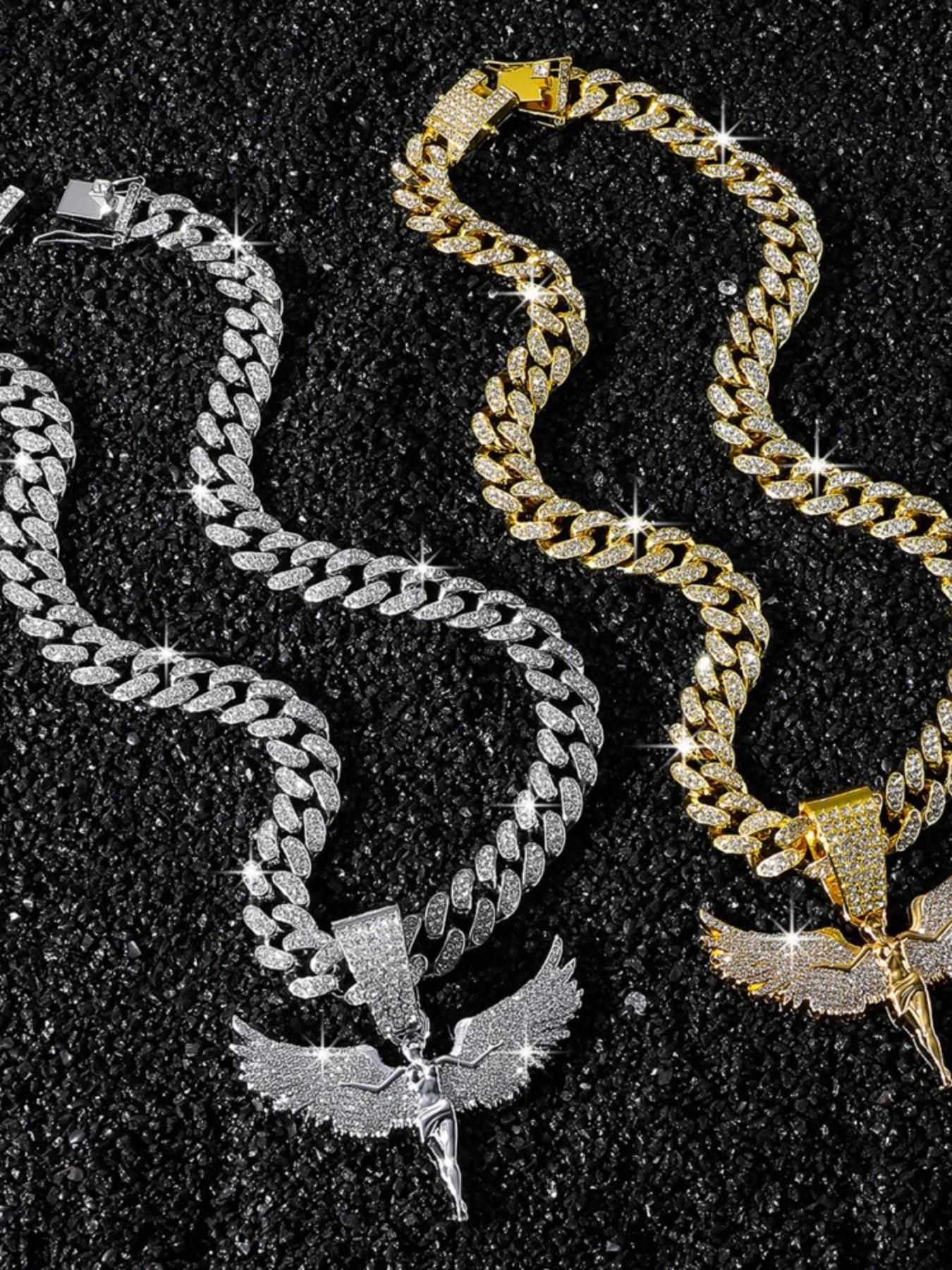 American Rap Style Large Wing Angel Pendant, Full Diamond Wide Cuban Chain, Cuban Link Design, Unique Men's Bling Necklace, Fashion Jewelry Accessory