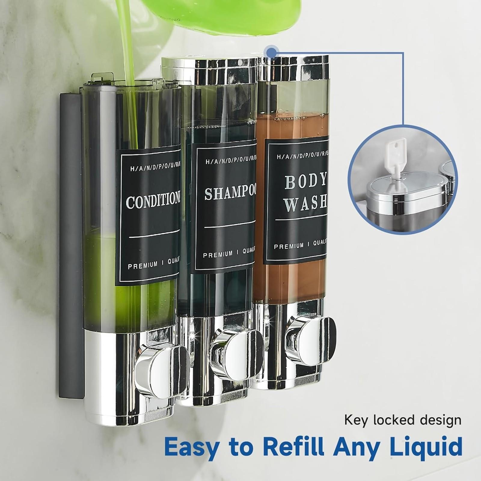 Shampoo and Conditioner Dispenser, Shower Soap Dispenser 3 Chamber No Drill Wall-Mounted Shampoo Dispenser for Shower