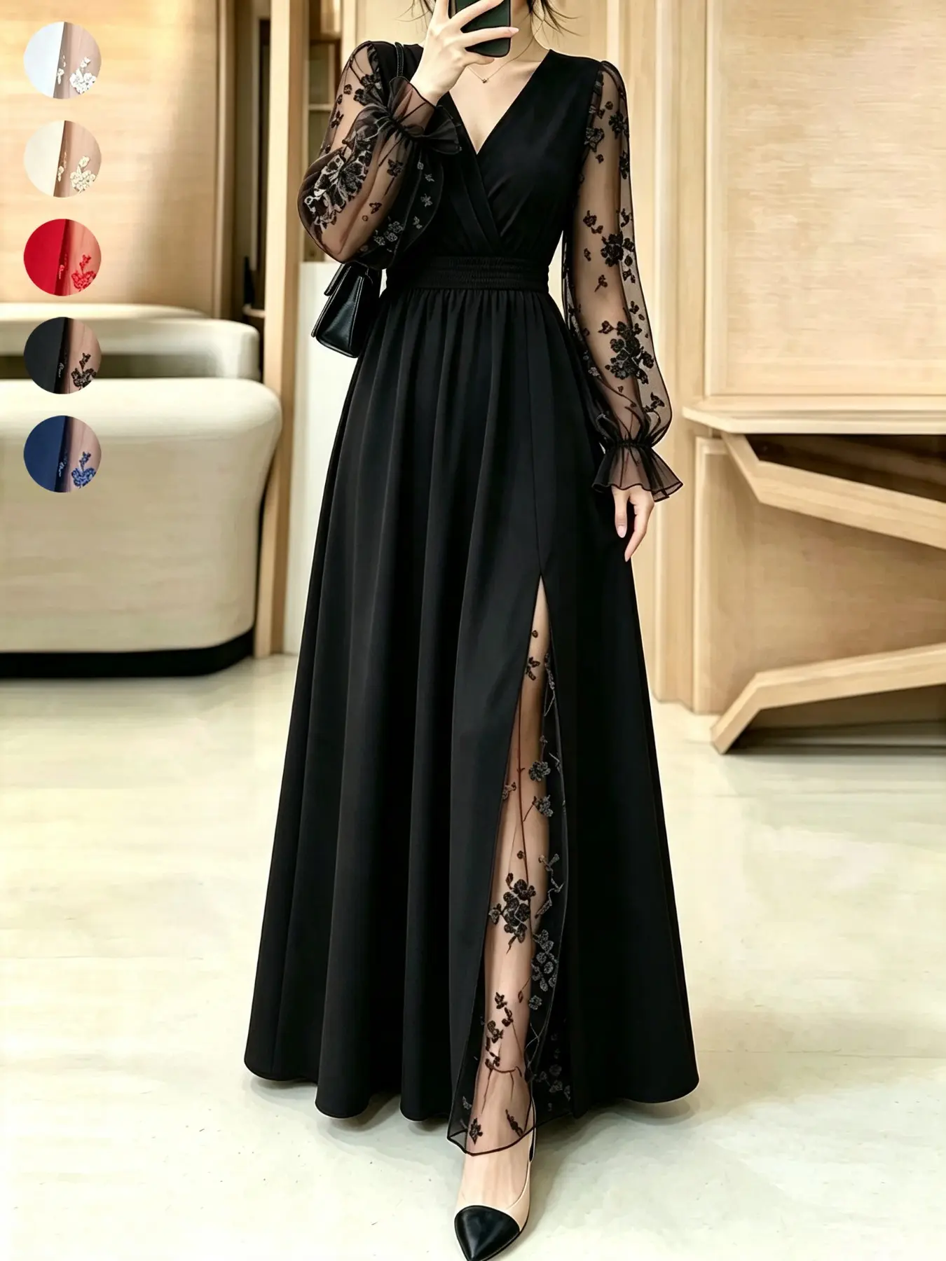 Luxurious Long Dress, Base with Lace Embroidery, V-Neck Waist Cinch, Back Tie Detail, Flowing Skirt, Elegant and Chic