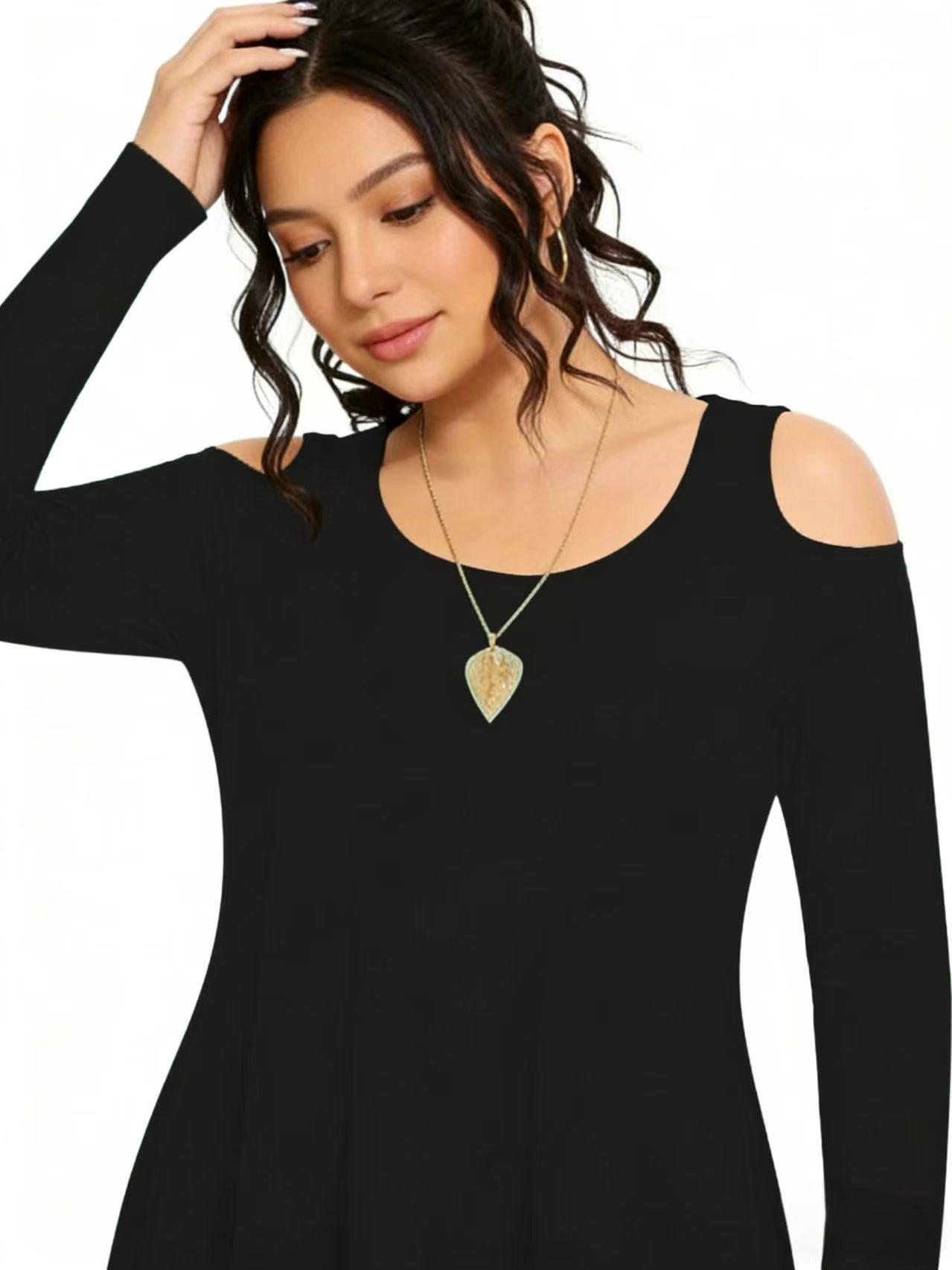 Fashion Plain Shoulder-Exposed Long Sleeve Dress, Elegant Casual Wear, Perfect for Spring & Fall, Women's Stylish Clothing