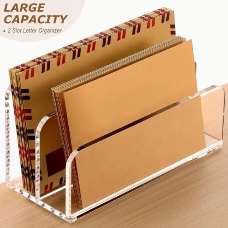 Acrylic Mail Organizer Desktop Storage Rack, 2 Compartments Transparent File Holder, Office Desk Organizer for Home School Office