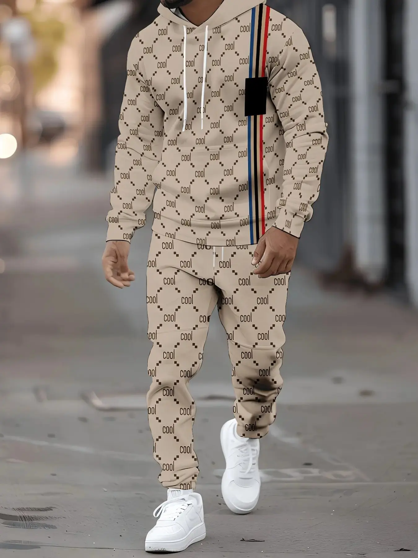 Men's Cool Old Money Style 3D Printed Hooded Sweatshirt and Pants Set, Hoodie and Sweatpants, Athleisure Tracksuit Set, Polyester Casual Sportswear, Slim Fit Knit Fabric