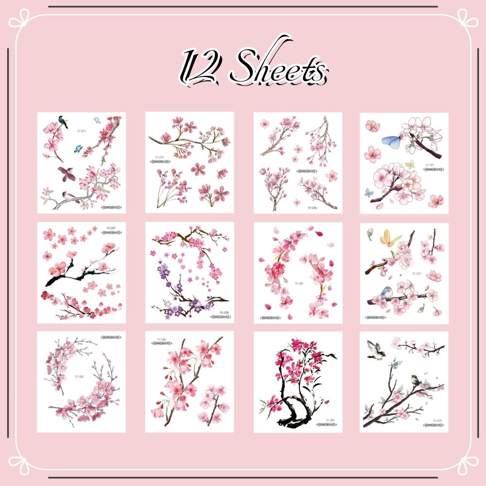 12Pcs Waterproof Sweatproof Temporary Tattoo Stickers, Cherry Blossom Butterfly Bird Branch Patterns, Sexy Cute Body Art Decals, Long Lasting 2-5 Days Body Decor for Festival Party Travel, Fit for Arm Shoulder Back Abdomen