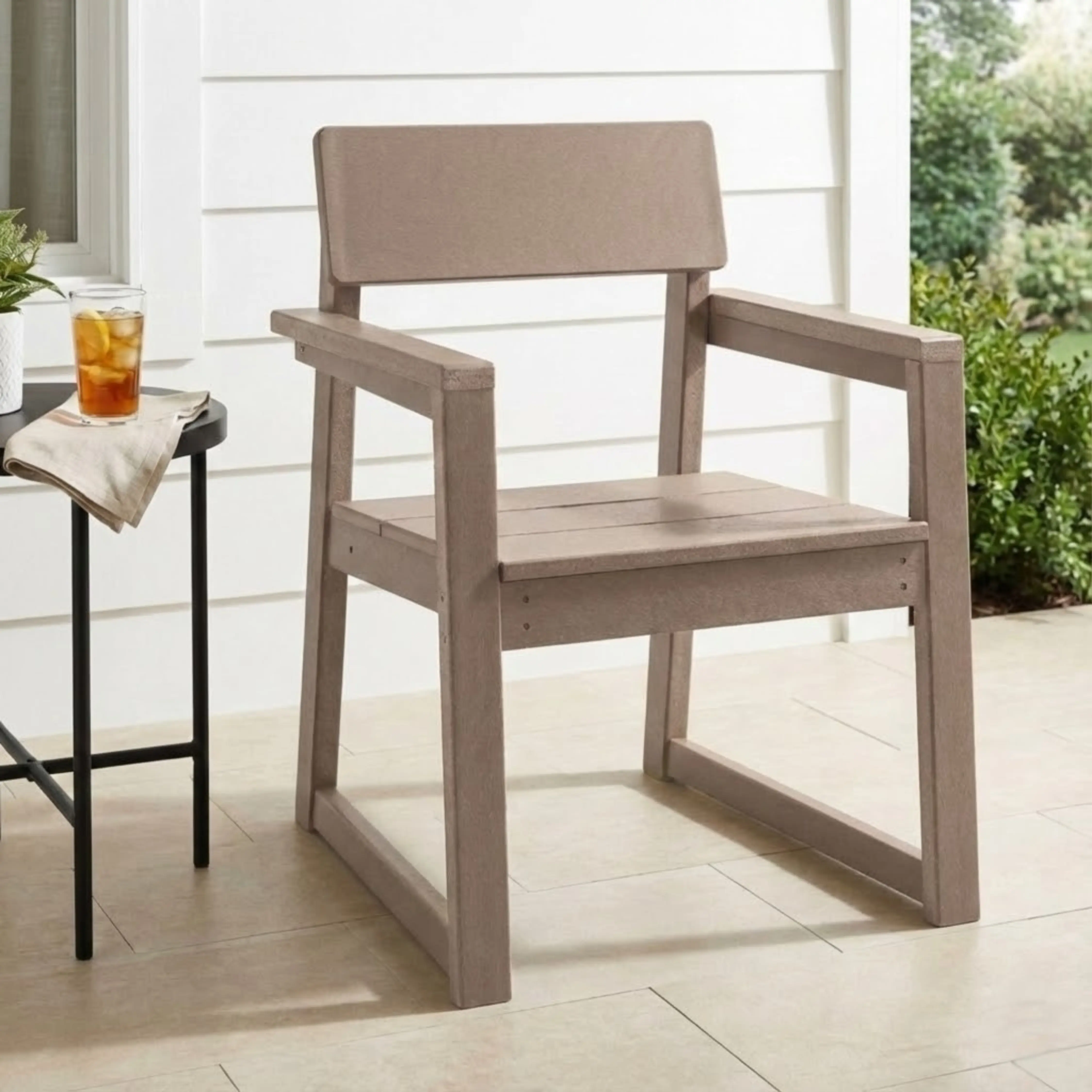 Nokaa HDPE Outdoor Garden Dining Chair with Backrest, Weather Resistant Recycled Plastic Armchair for Patio, Lawn, Poolside, Balcony, Wood Color, Modern Style, Single, Wood Color Options