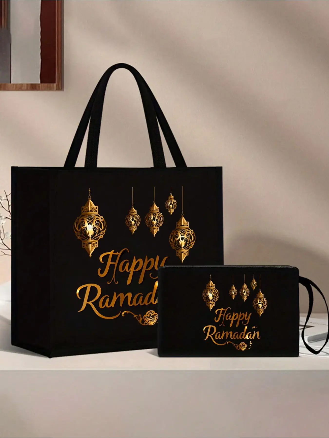 Star Moon Lantern Pattern Shopping Bag, Happy Ramadan Print, Large Capacity Linen Shoulder Bag, Ideal for Ramadan, Travel, Beach, School