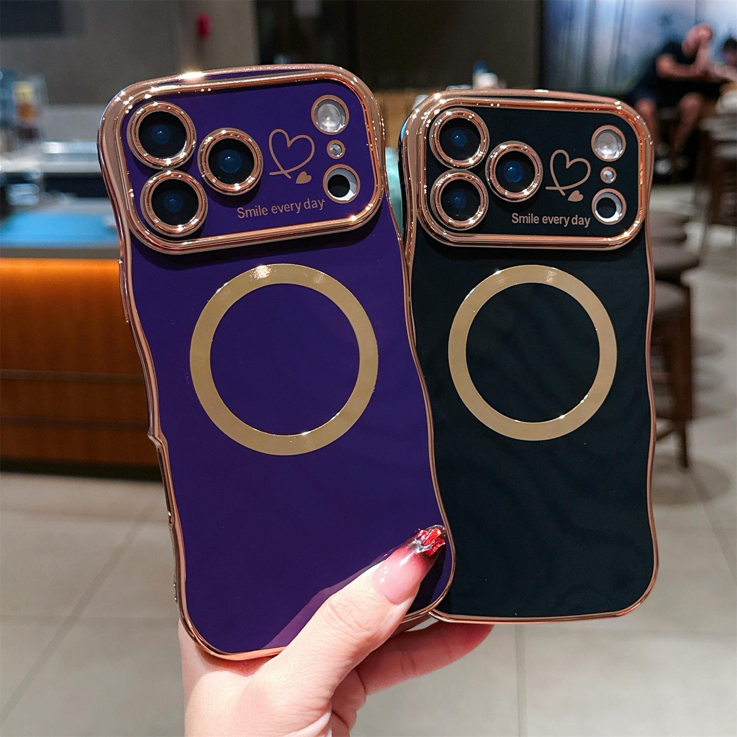 For iPhone 17 Pro Max 16 15 14 12 Case Magnetic,for Women Girls Soft Cute Wave Frame Curly Shape Love Heart Luxury Plating Phone Case Compatible with MagSafe Shockproof Back Cover For iPhone 17 Pro Max 16 15 14 12 Case Magnetic,for Women Girls Soft Cute Wave Frame Curly Shape Love Heart Luxury Plating Phone Case Compatible with MagSafe Shockproof Back Cover