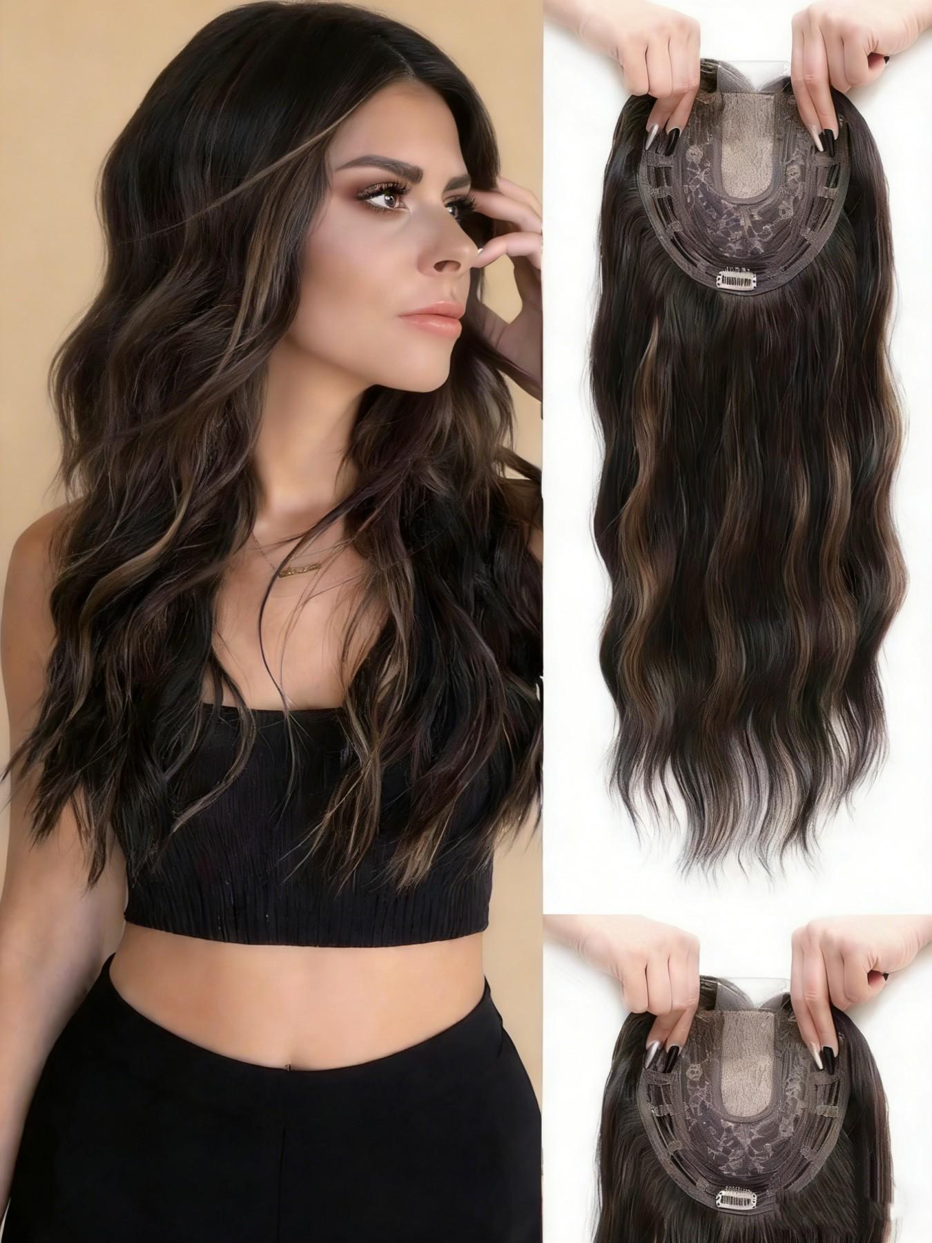 🔥 No More Bad Hair Days! 22" Dark Brown Wavy Clip-In Hair Topper, Invisible Lace Base, Premium Synthetic Hair, Seamless Blend for Thinning Hair & Instant Glam!