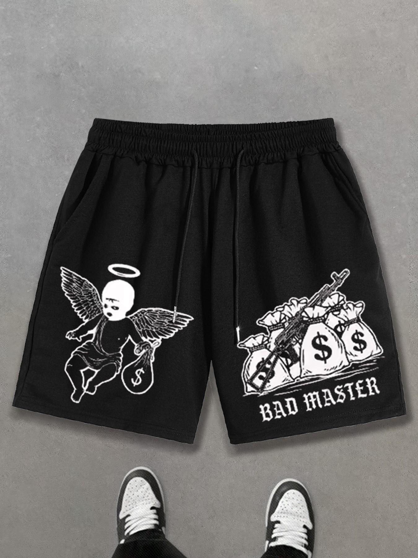 BAD MASTER Men's Streetwear Graphic Shorts - Y2K Dark Angel & Money Bag Print, Loose Fit Summer Bottoms for Urban Grunge & Punk Aesthetic Daily Outfits.