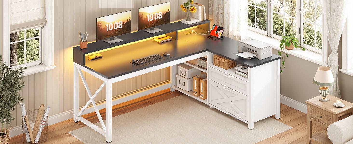 SEDETA L Shaped Gaming Desk, 55" Corner Computer Desk with Drawers, Home Office Desk with Printer Storage Shelves, Monitor Stand and LED Lights Study Organizing