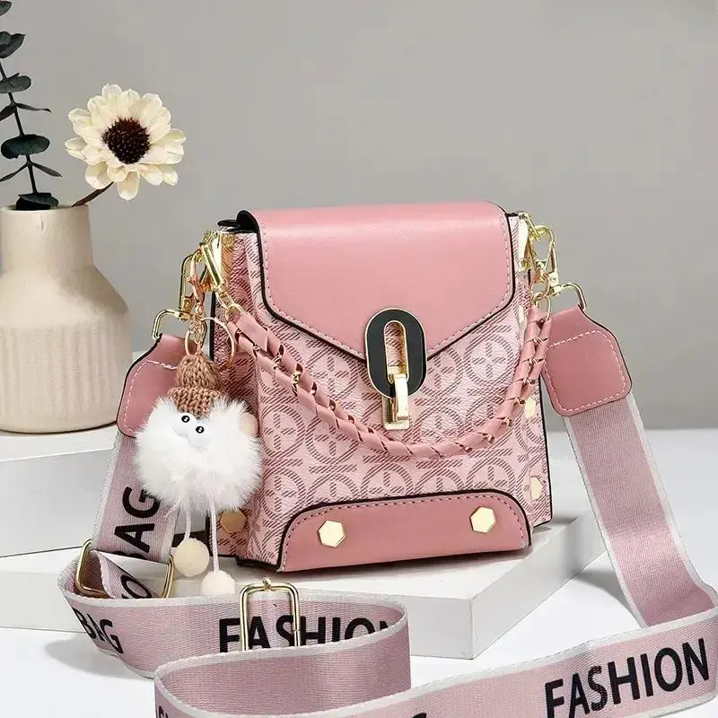 Women's Checkerboard Mini Square Crossbody Bag, Nylon Flap Purse with Braided Handle, Adjustable Wide Strap & Pom‑Pom Charm, Casual Daily Shoulder Handbag