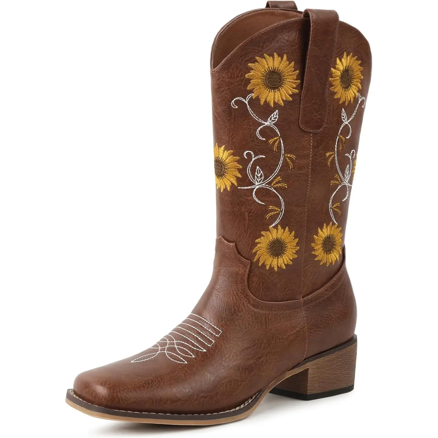 Cowboy Boots for Women Square Toe – Mid Calf Western Cowgirl Boots with Sunflower Embroidery, Chunky Heel, Pull On Design