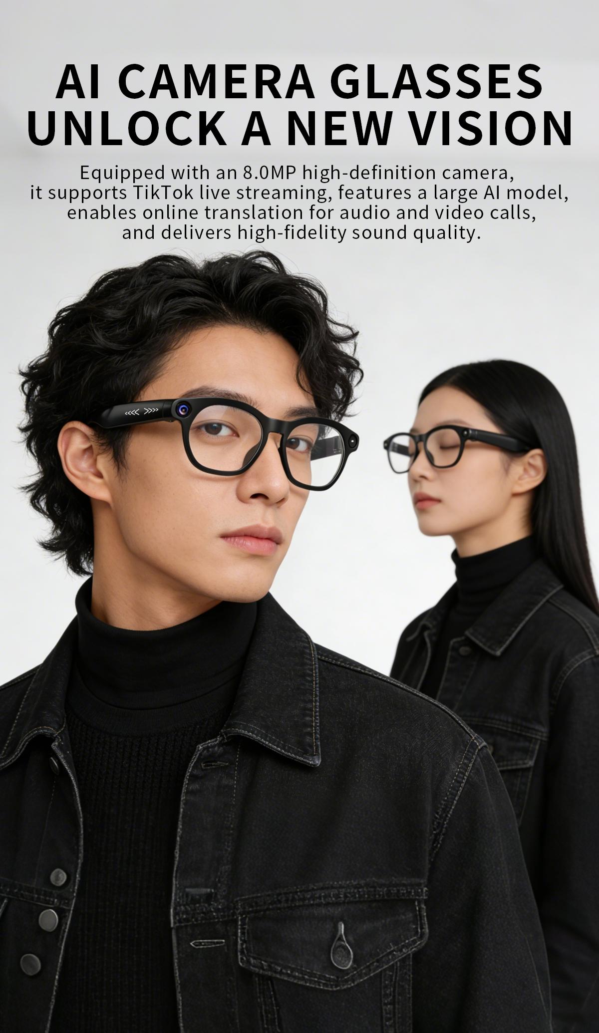 AI Smart Camera Glasses | 8MP POV Video | Real-Time Translation | Open-Ear Bluetooth Audio | 290mAh Long Battery