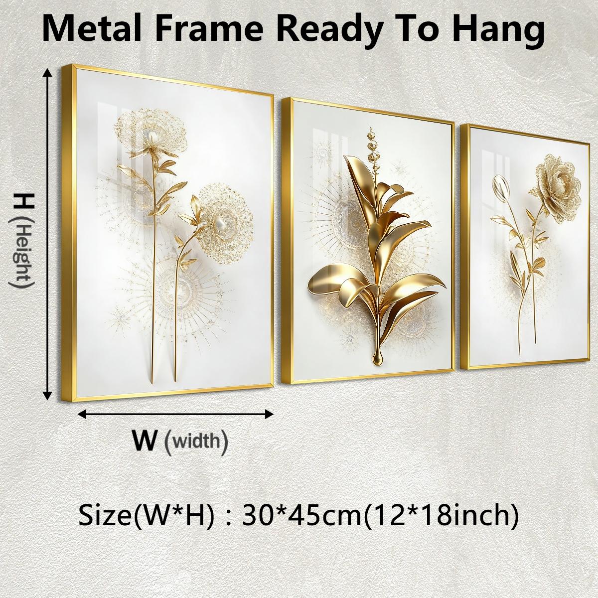 3 Counts Aluminum Alloy Framed Painting, Golden Abstract Flowers Artwork, Home Decoration For Living Room, Bedroom, Office, Restaurant, Hallway Wall Decor, Odorless Print Artwork, Luxury Perfect Gift For Friends And Family