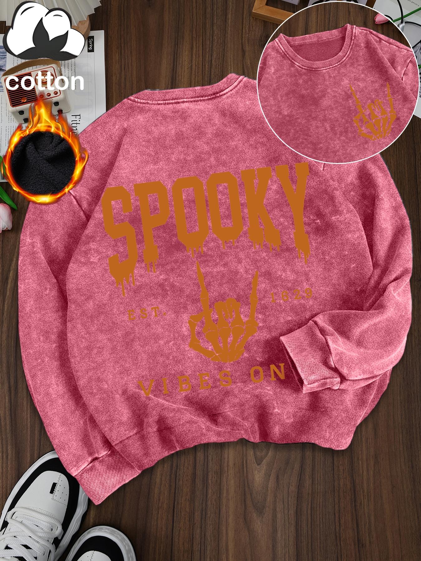 Women's Casual Vintage Wash Cotton Pullover Sweatshirt, Round Neck Long Sleeve Fleece Lined Hoodie for Fall Winter Halloween Fashion