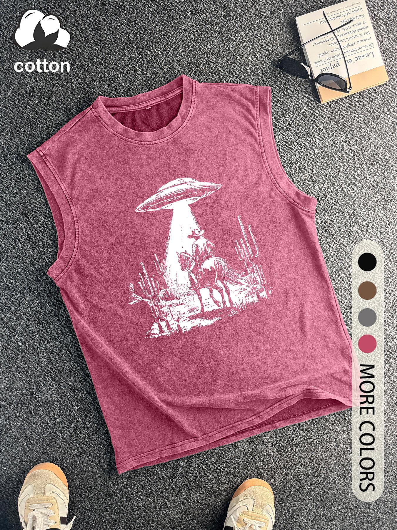 Men's Vintage UFO Print Round Neck Knit Cotton Tank Top, Regular Fit Casual Sleeveless Crew Neck Top for Summer, Fashion Men's Top for Daily Wear, Socks, Fitted