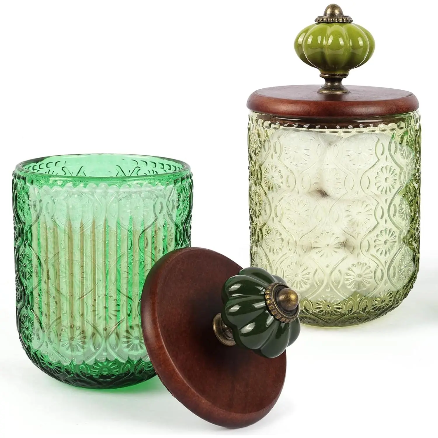 2 Pack Transparent Green Glass Qtip Jars with Lids - Vintage Apothecary Style Wide-Mouth Containers, Bathroom & Kitchen Countertop Organizer for Cotton Balls, Swabs, Pads, Floss, Makeup