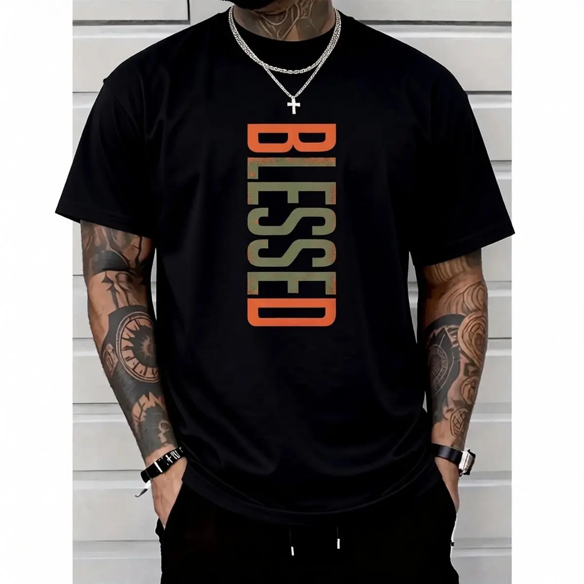 Men's "Blessing" Graphic T-Shirt, 100% Cotton Streetwear Top with a Classic Fit, Comfy Short Sleeve Crewneck Tee for Daily Wear, Tshirt, Shortsleeve, Basic, Fabric, Fashion, Menswear, Round Neck