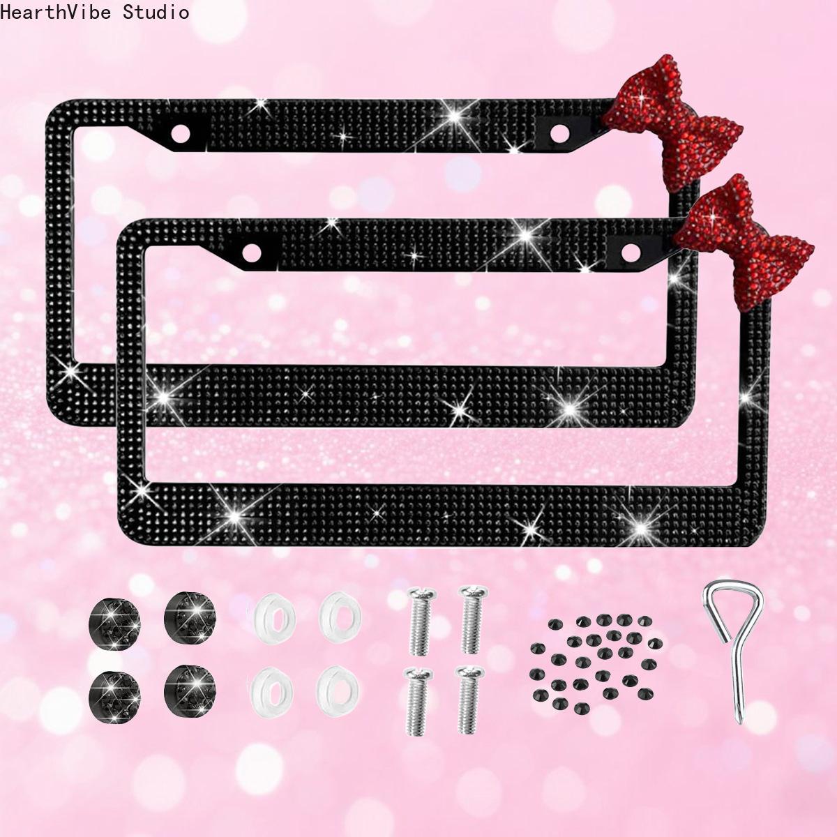 Women's Bling Pink Rhinestone Bowknot License Plate Frames, Sparkly Stainless Steel Universal US Standard Girly Car Accessory