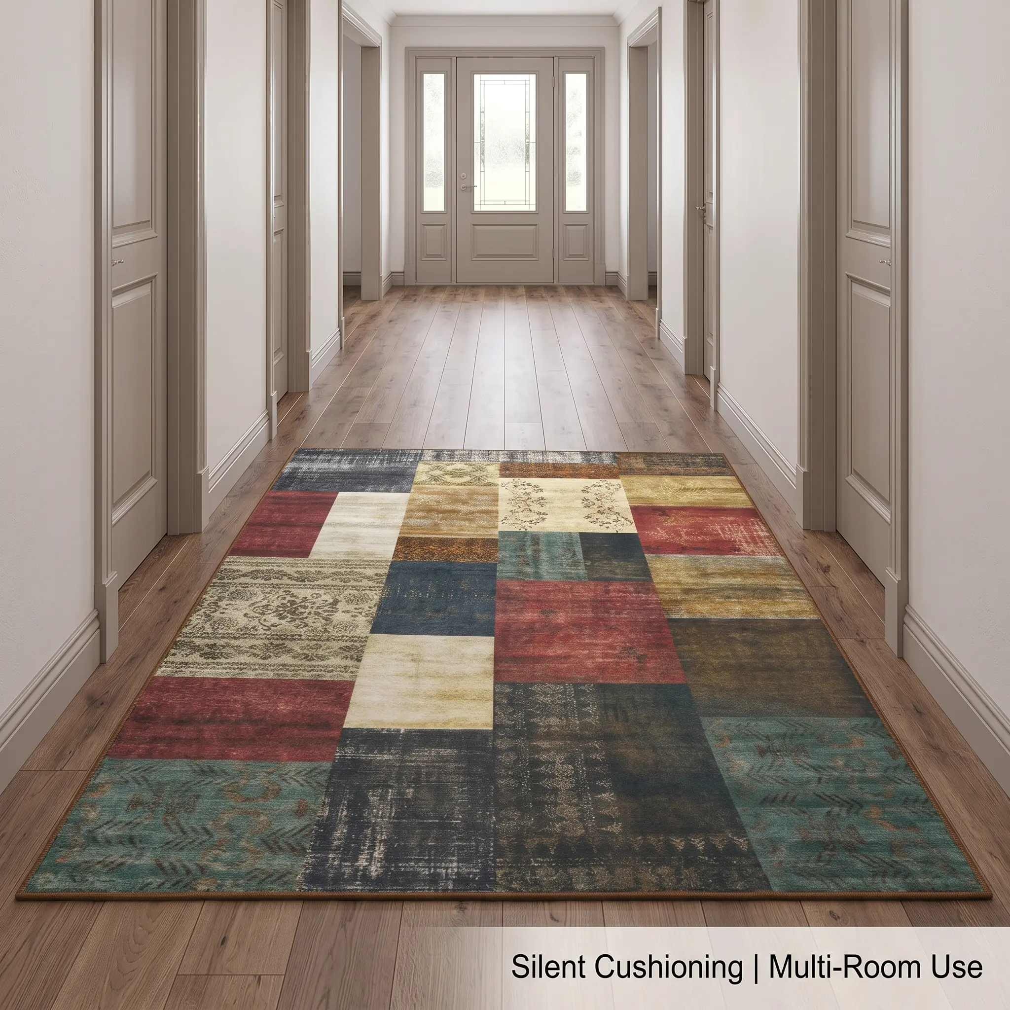 Vintage Distressed Patchwork Machine Washable Area Rug, Bohemian Block Print Low Pile Velvet Carpet for Bedroom, Living Room & Home Office 20268200021