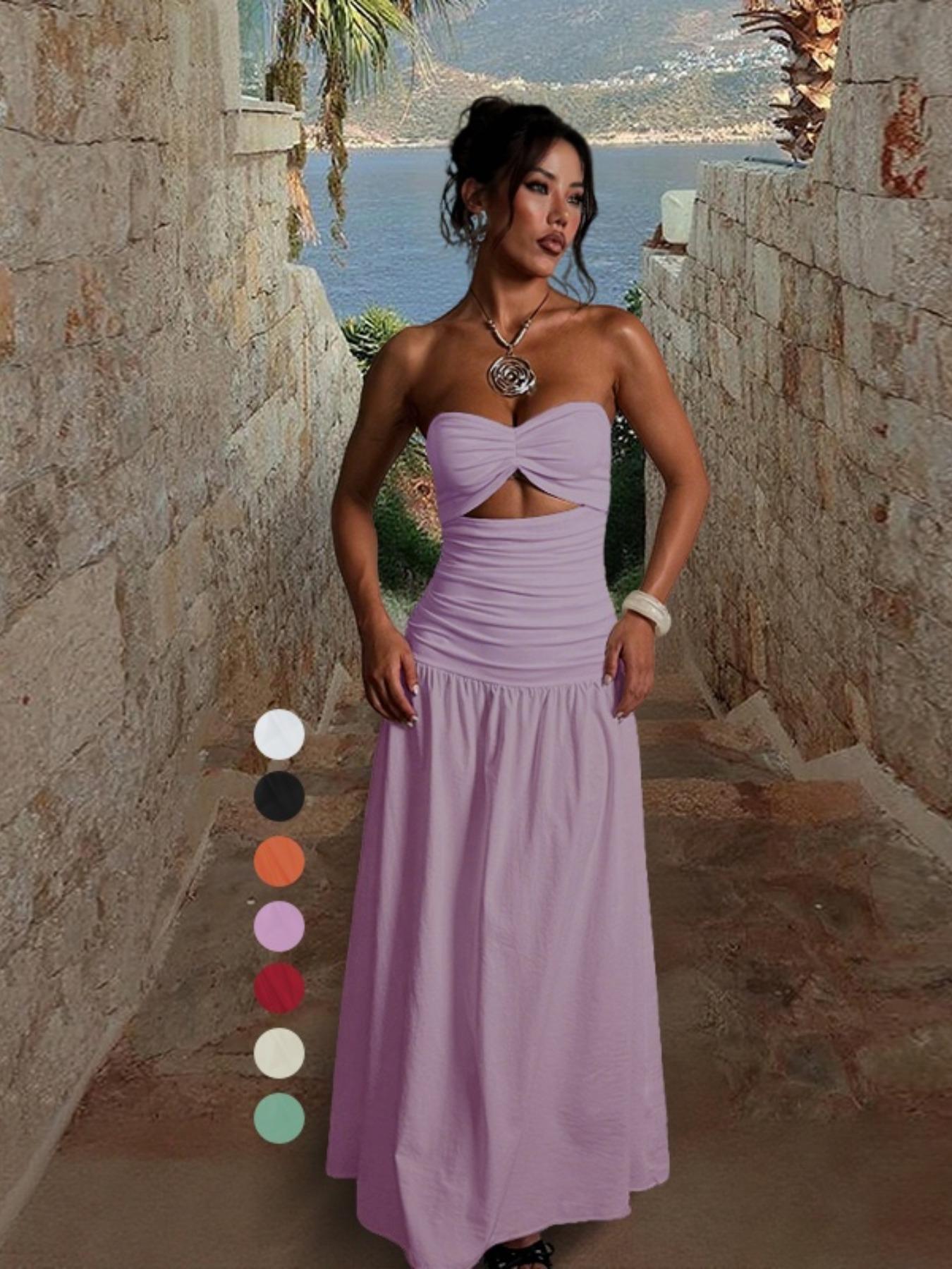 Women's Sleeveless Hollow Out Fitted A-Line Dress, Two Fabric Patchwork Design, Micro-Transparent Material, Beachwear Casual Wear Long Skirt Yj24627pfo