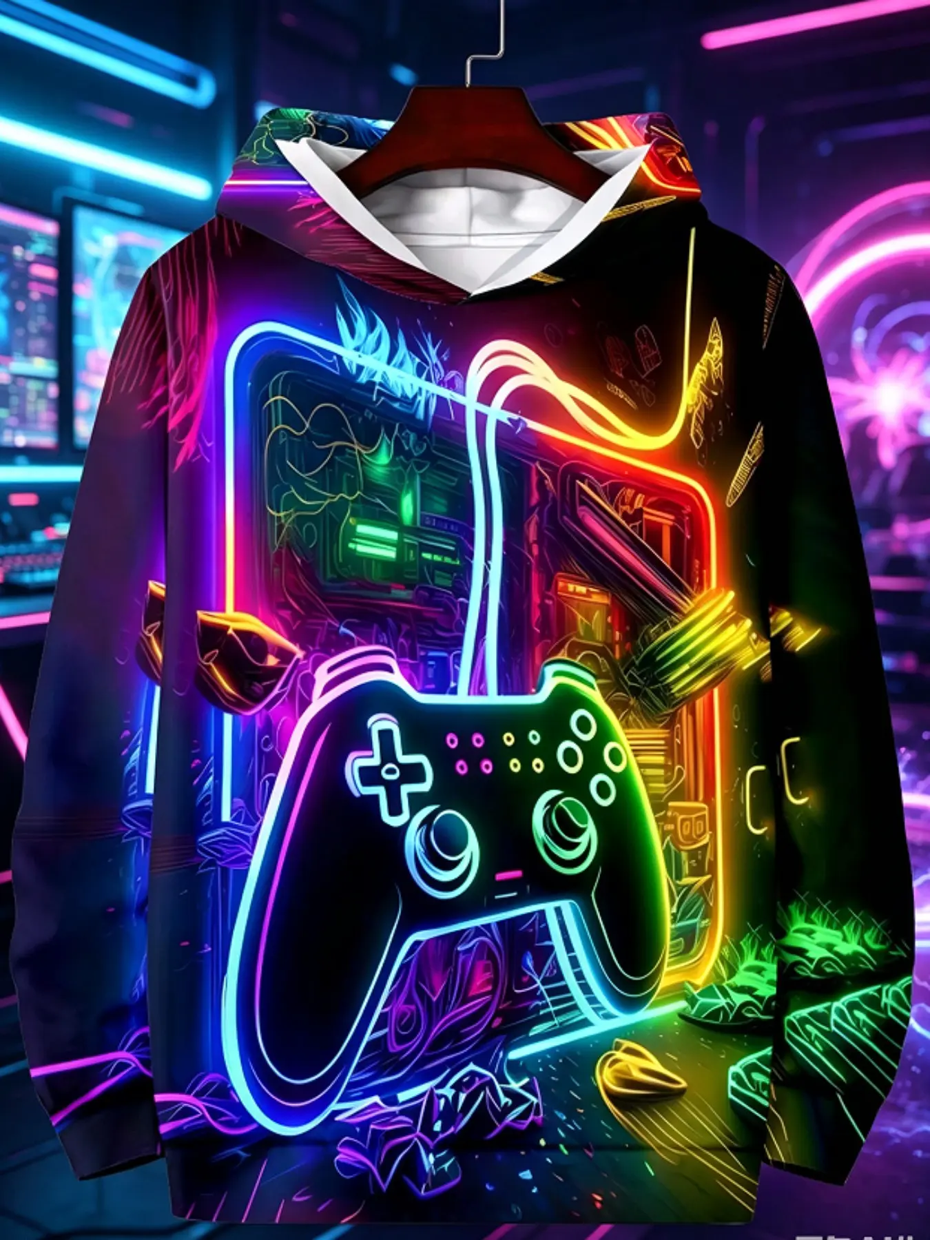 Men's Neon Game Controller Print Hoodie, Long Sleeve Drawstring Hooded Top, Cyberpunk Street Style Loose Fit, Gaming Daily Wear