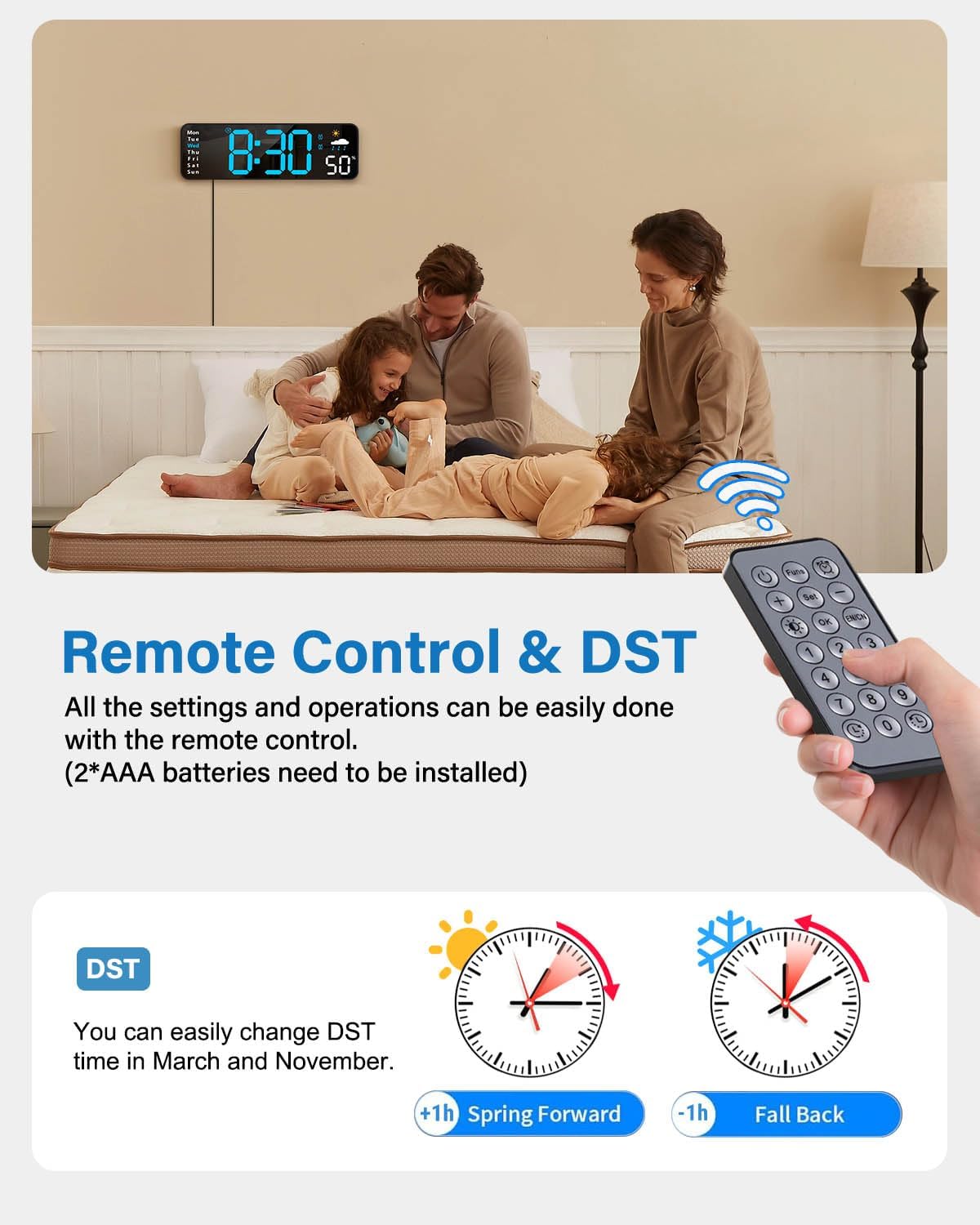 Digital Wall Clock, Digital Clock Large Display with Remote Control, Corded LED Alarm Clocks with Date, Week, Temp, Humidity, Auto DST, Countdown, Multifunctional Alarm Clock for Living Room Bedroom Classroom Office Home Goods Digital Clock Decor (Blue)