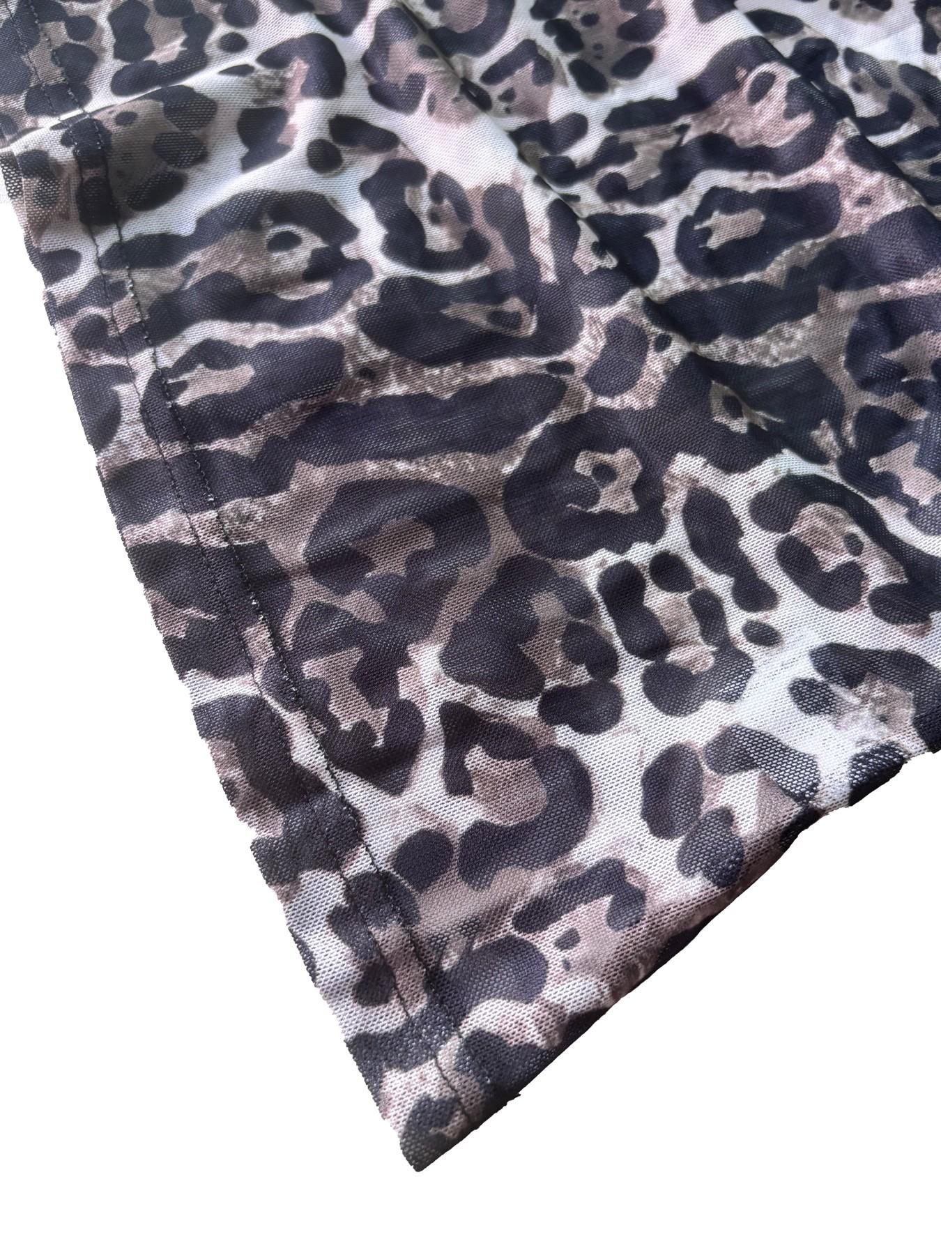 Women's Leopard Print Mesh Round Neck Long Sleeve Top, High Elasticity Fitted Shirt, Casual All-Season Wear, Multi-Purpose Base Layer
