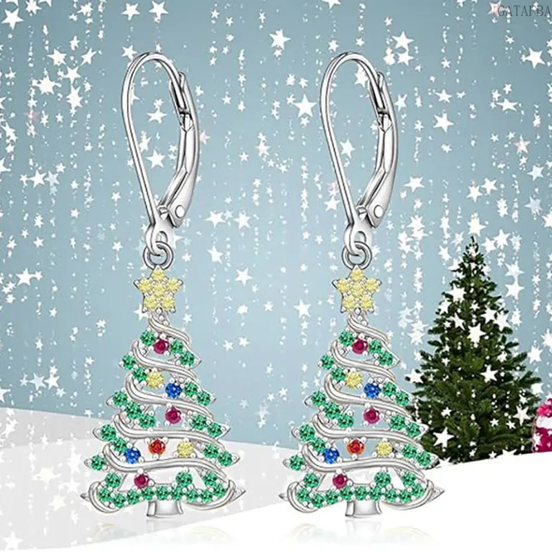 Shiny Christmas Tree Dangle Earrings for Women, Zircon Inlaid Star Tree Earrings for Christmas Matching,back to school,back to school haul