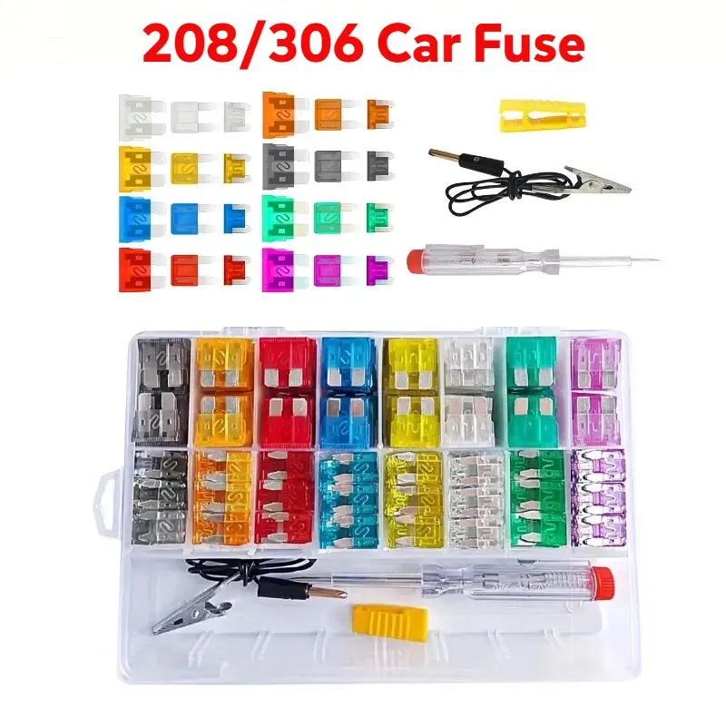 Car Fuse Assortment Kit 208/306Pcs, Variety of Automotive Replacement Blade Fuses, Mixed Vehicle Blade Fuses, with a Fuse Puller And Circuit Tester, Suitable for Cars, SUV