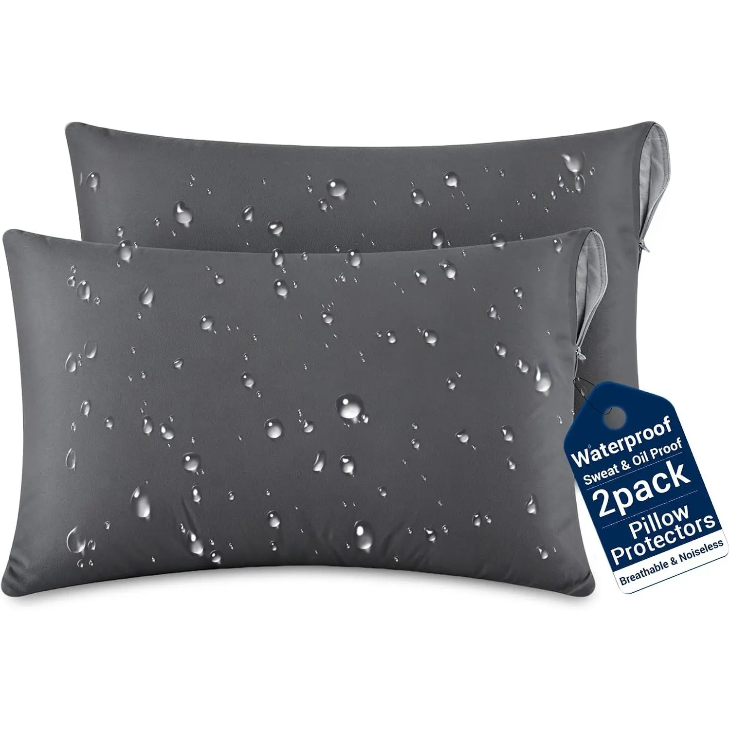 Waterproof Pillow Protectors Standard Set of 2, Breathable Noiseless Zippered Covers, Sweat and Oil Proof, Dust and Dirt Proof, Dark Gray