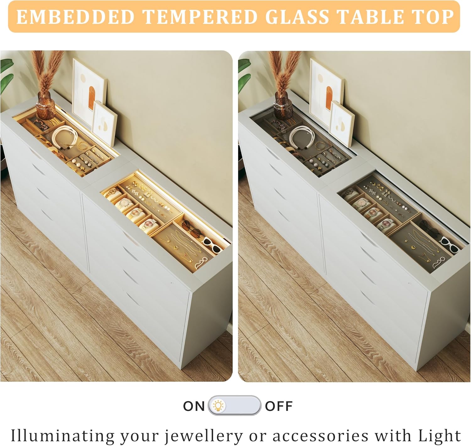 8 Drawer Dresser for Bedroom, White Dresser for Bedroom with LED, 55.1''W Chest of Drawers with Glass Top, Modern Double Wide Drawer Large Dresser for Bedroom, Living Room, Entryway