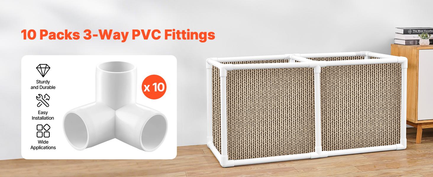 VEVOR 3-Way PVC Fittings, 1-inch PVC Pipe Joints Elbow Connector, 10-Pack Furniture Grade PVC Tee Fittings for DIY Storage Rack, Animal Cage, Pool or Garden Support Frame, Impact Weather-Resistant