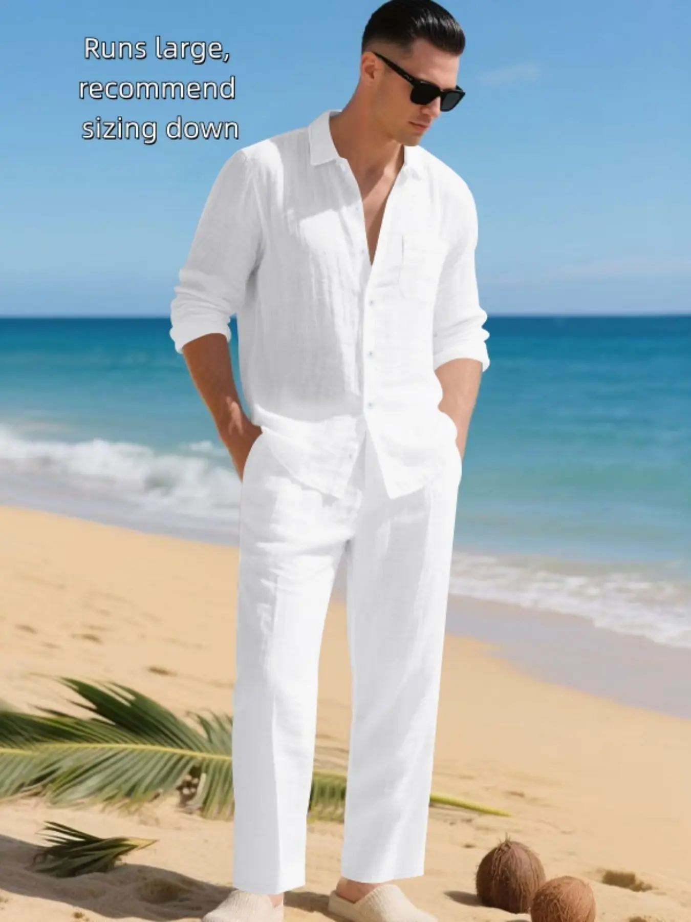 Men's Linen Two-Piece Set, Classic Long Sleeve Button Shirt Top & Drawstring Pants, Breathable Fabric for Beach Vacation, Casual Outdoor Wear Clothes