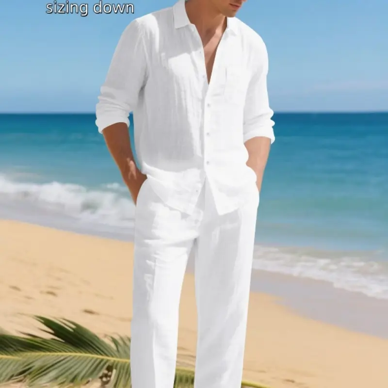 Men's Linen Two-Piece Set, Classic Long Sleeve Button Shirt Top & Drawstring Pants, Breathable Fabric for Beach Vacation, Casual Outdoor Wear Clothes, Outfit Set