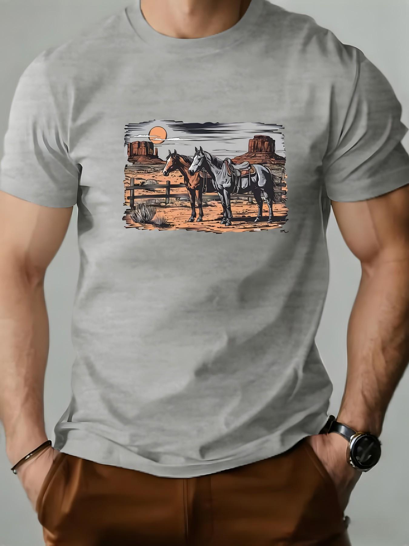 Men's Round Neck T-Shirt, Retro Western Desert Animal Geometric Print, Slim-Fit Casual Short Sleeve, Perfect for Daily Wear and Gifts