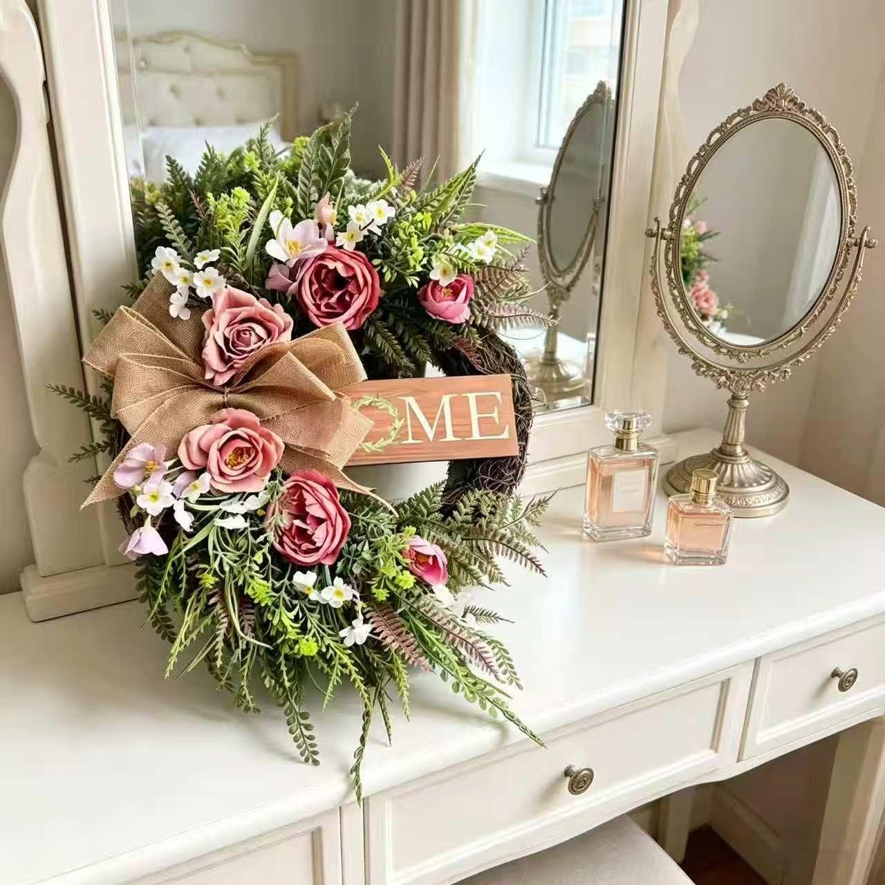 Neutral Color Farmhouse Style Wreath with Peony Flowers, Home Signboard, Hemp Cloth Bow, All-Season Decor for Porch, Living Room, Entryway