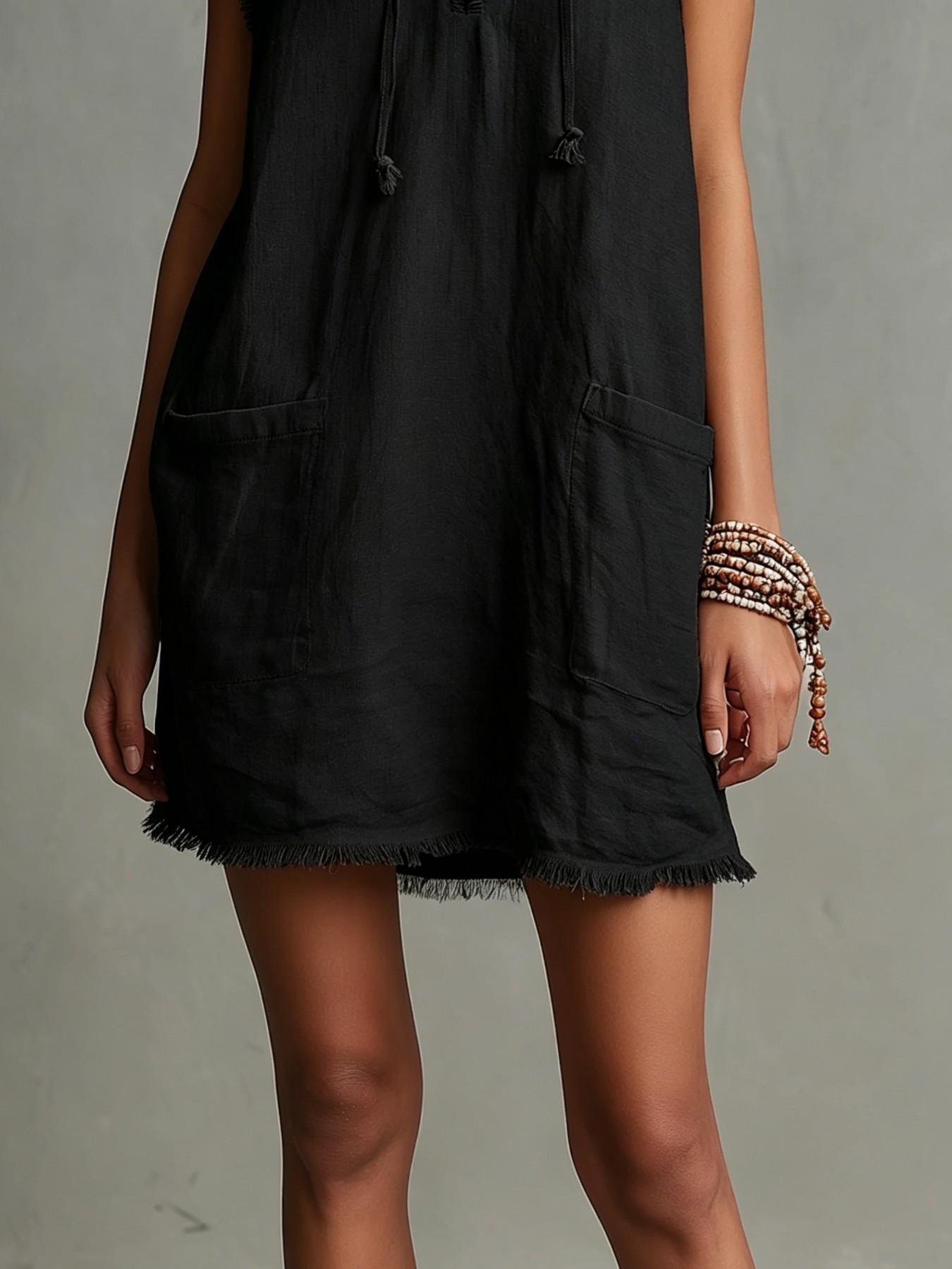 Minimalist Lightweight Linen Blend Sleeveless Dress with Hat, Summer V-Neck Frayed Edge Short Mini Dress, Women's Vacation