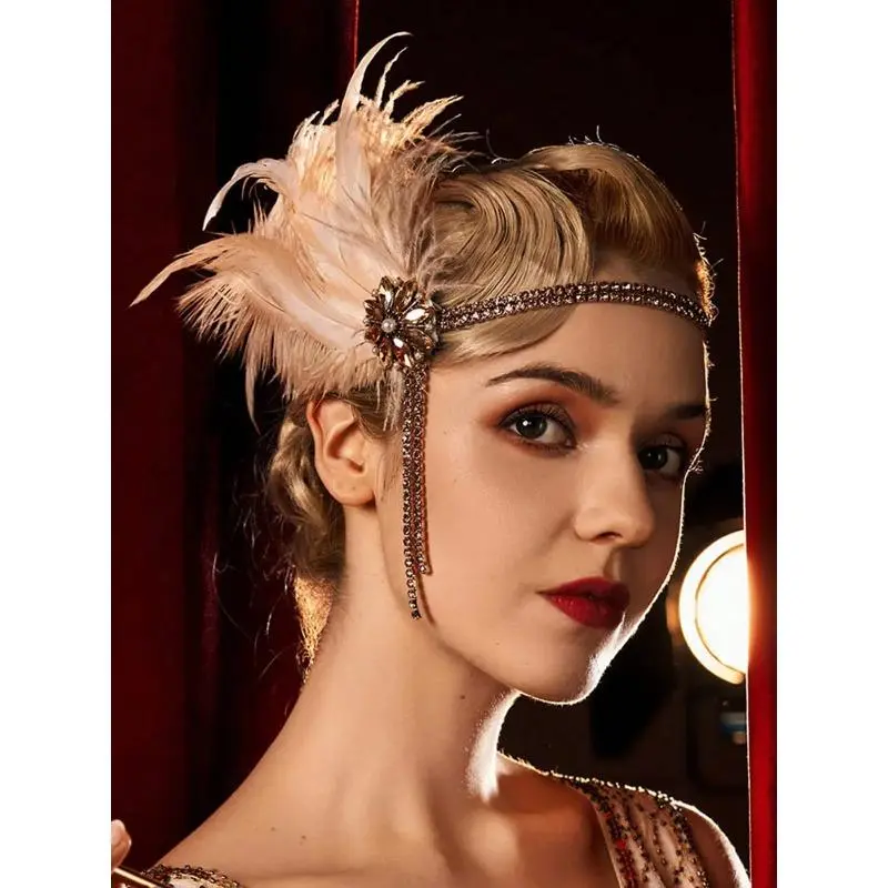 Women's 1920s Jazz Age Lightweight Feathered Flapper Costume Accessories Set - Retro Roaring 20s Party Kit Including Feather Headband, Pearl Necklace, Long Gloves, Rhinestone Earrings