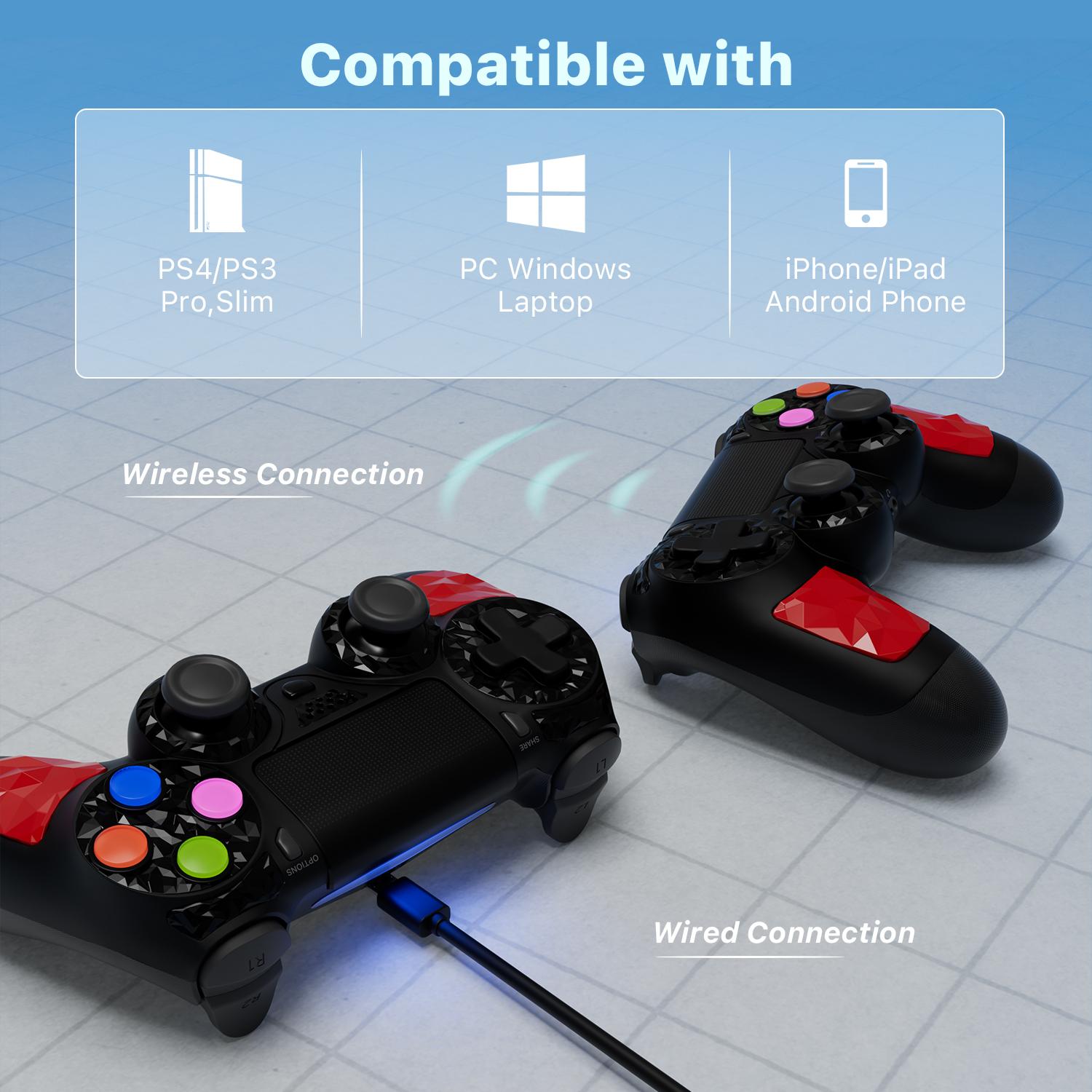 ISHAKO Wireless Game Controller For PS4/PS3/PC/Android/iOS, With Double Vibration, Six Axis Gyro, Touchpad, Built in speaker, Audio jack, Gamepad for PS4, Red PS413