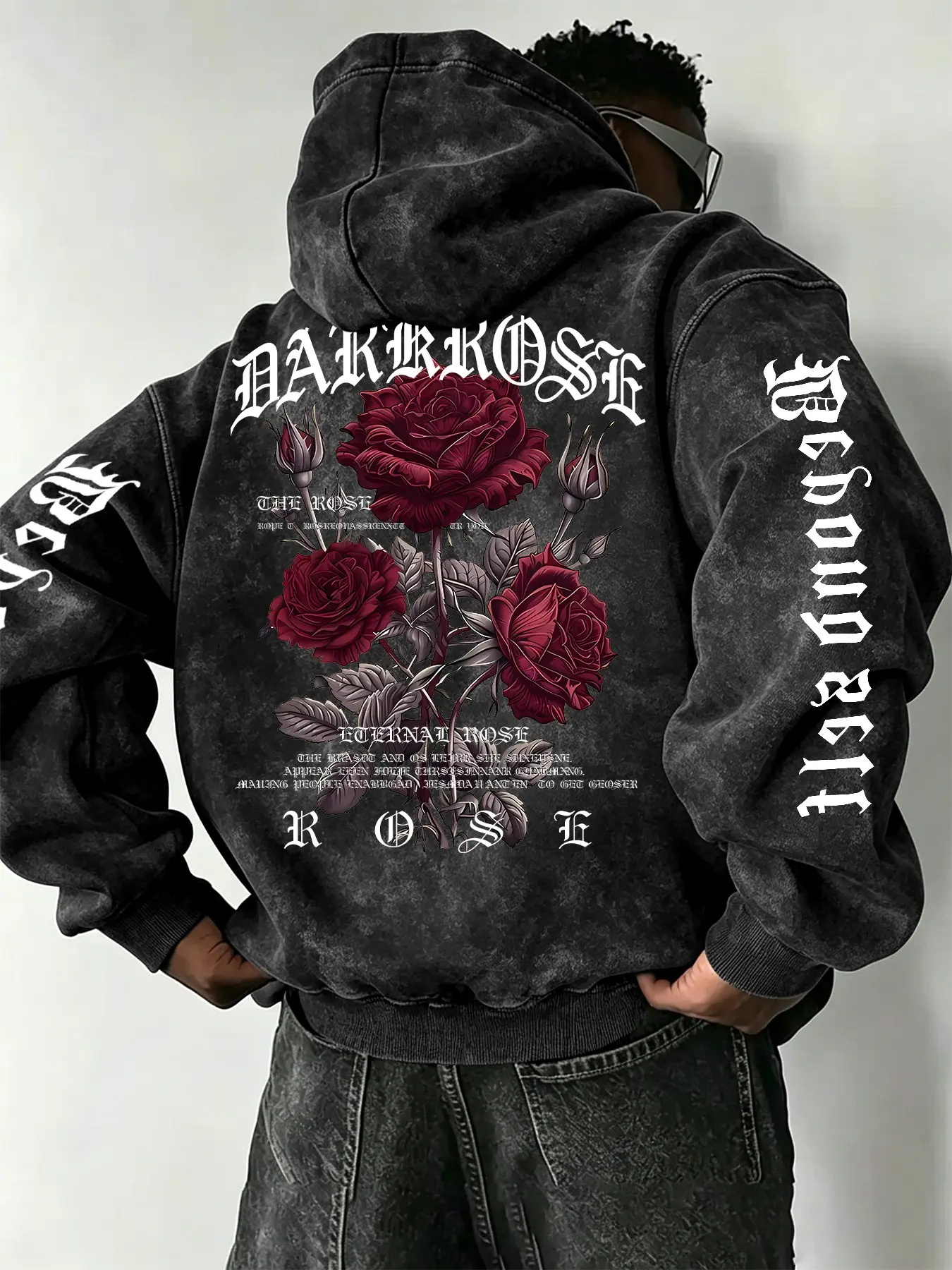 【Biack Friday】Men's Lightweight Hooded Cotton Sweatshirt, Rose Illustration & Gothic Slogan, Soft Durable Washed Look, Fall Winter Fashion Top