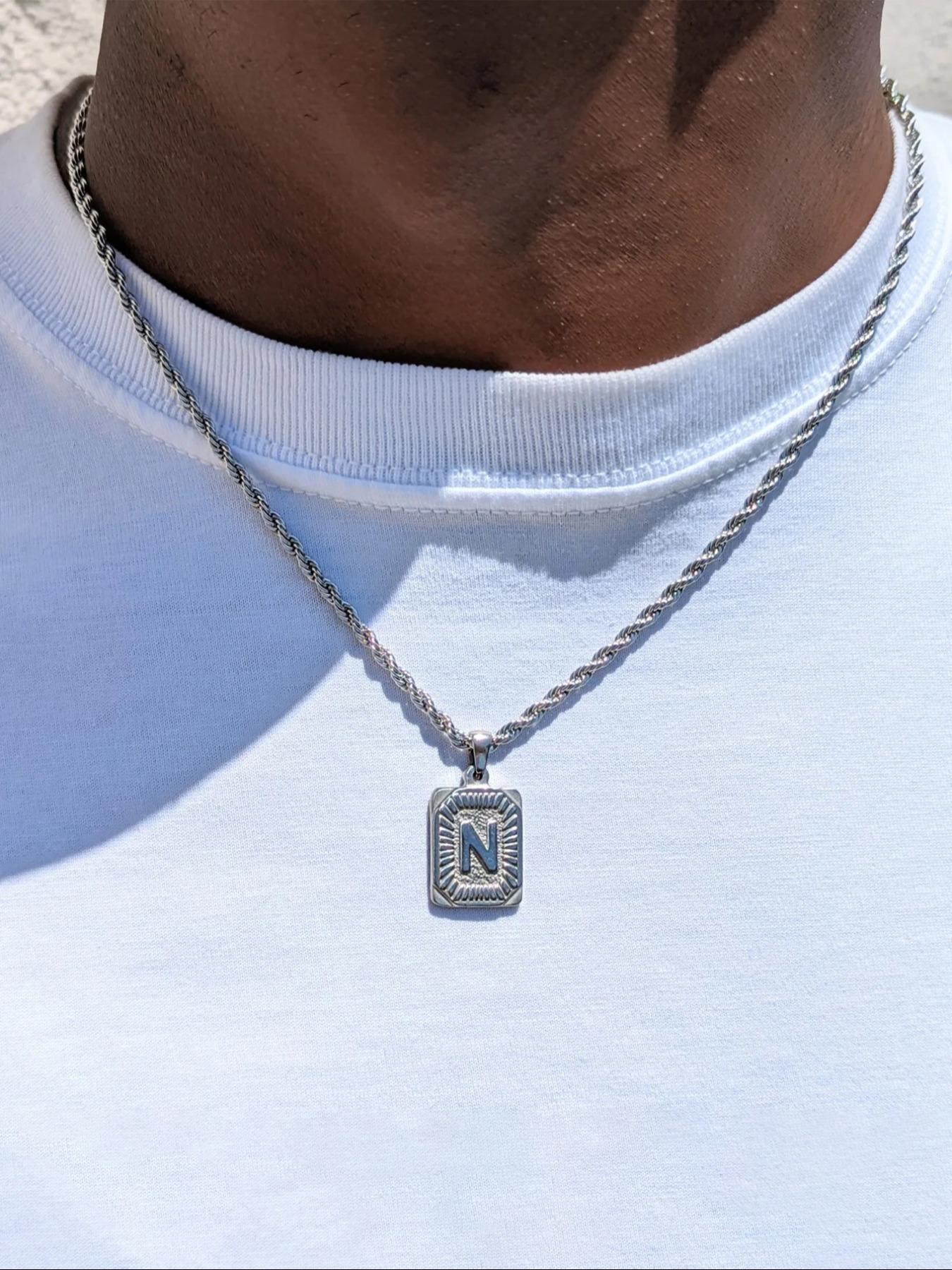 Men's Necklace with Square Pendant and Initial Letter, Stainless Steel Jewelry with Rope Chain, Personalized A-Z Letter Design Gift