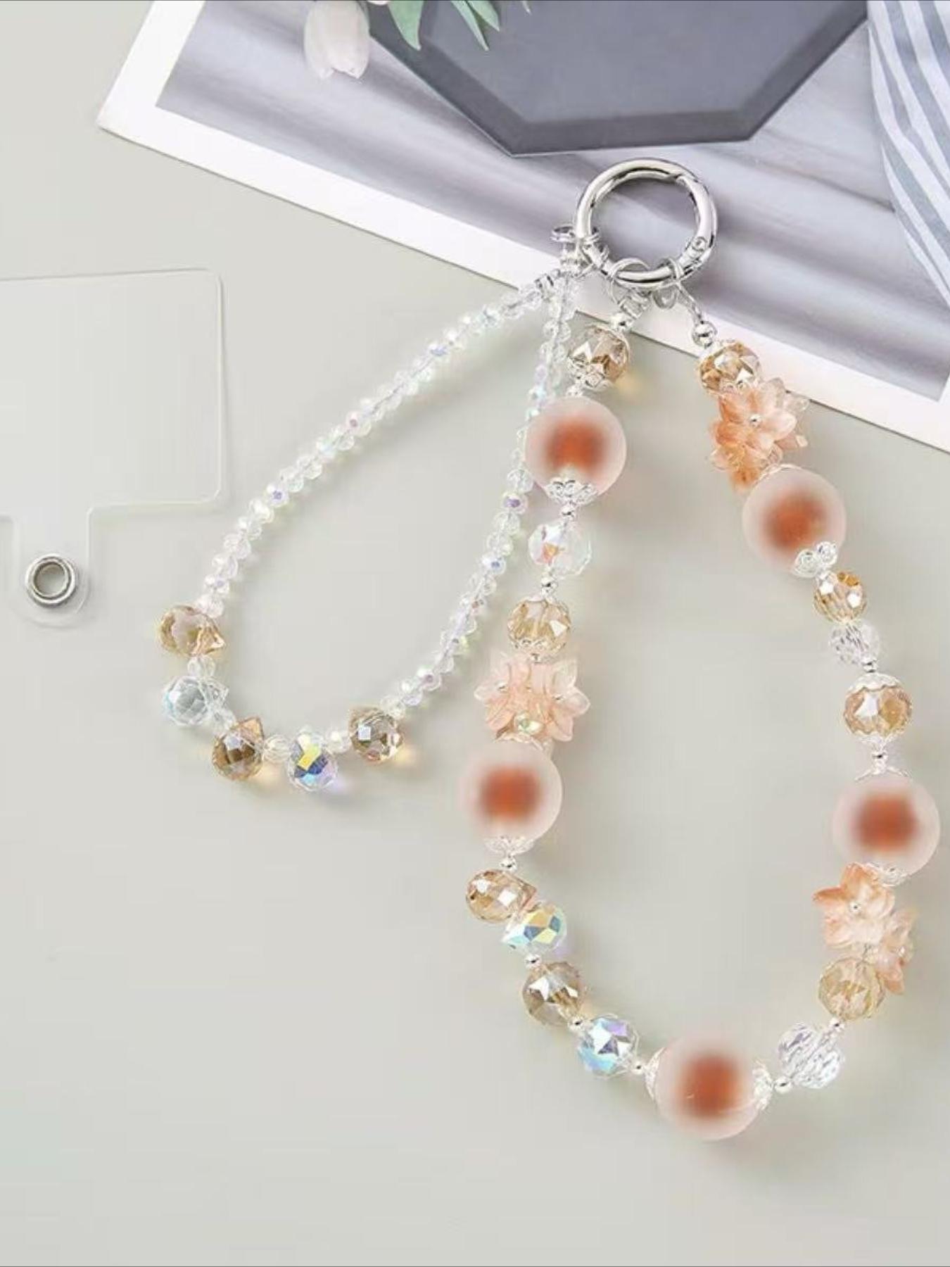 1 Ethereal Pink and Green Phone Strap: A Light and Elegant Spring-Inspired Flower-Shaped Crystal Bead Wrist Strap and Bag Charm