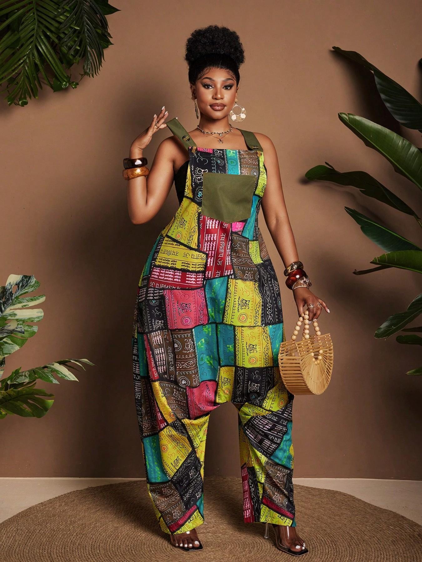 Plus Size Patchwork Print Sleeveless Loose Harem Pocket Jumpsuit, Comfortable and Stylish Design, Perfect for Casual Wear