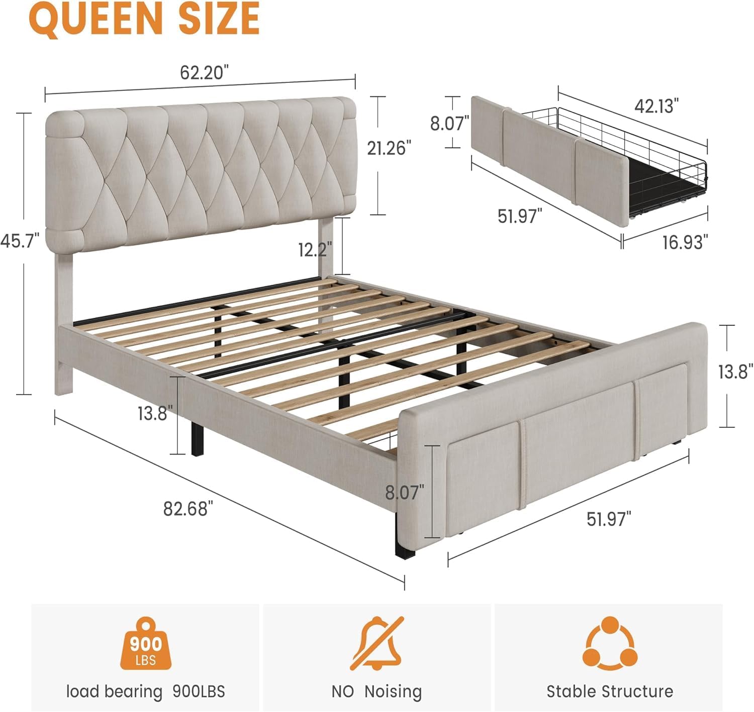 Bed Frame, Upholstered Platform Bed Frame with Storage Drawers, Mattress Foundation with Solid Wooden Slats Support, No Box Spring Needed