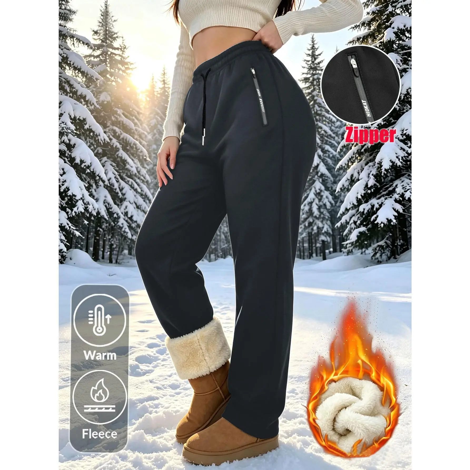 Women's Winter Fleece Lined Sports Pants with Zippered Pockets and Black Drawstring, Suitable for Women's Running and Casual Wear, Suitable for Daily or Casual Snow Walking,back to school,back to school haul
