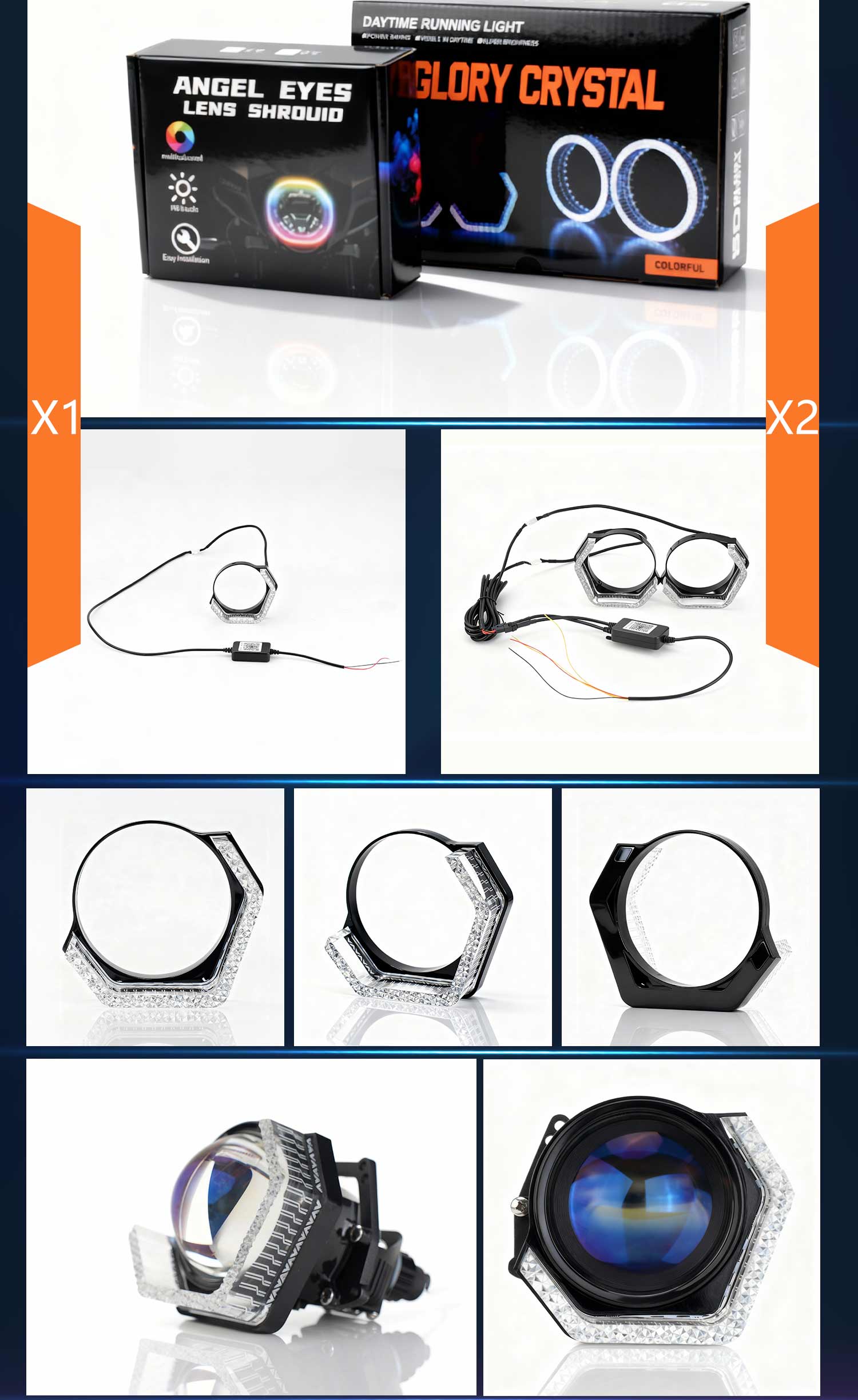 2.5" 3" 5D RGB LED Angel Eyes Halo Rings Light Rectangular DRL Covers With Turn Signal Light App Control For Car Moto Headlight