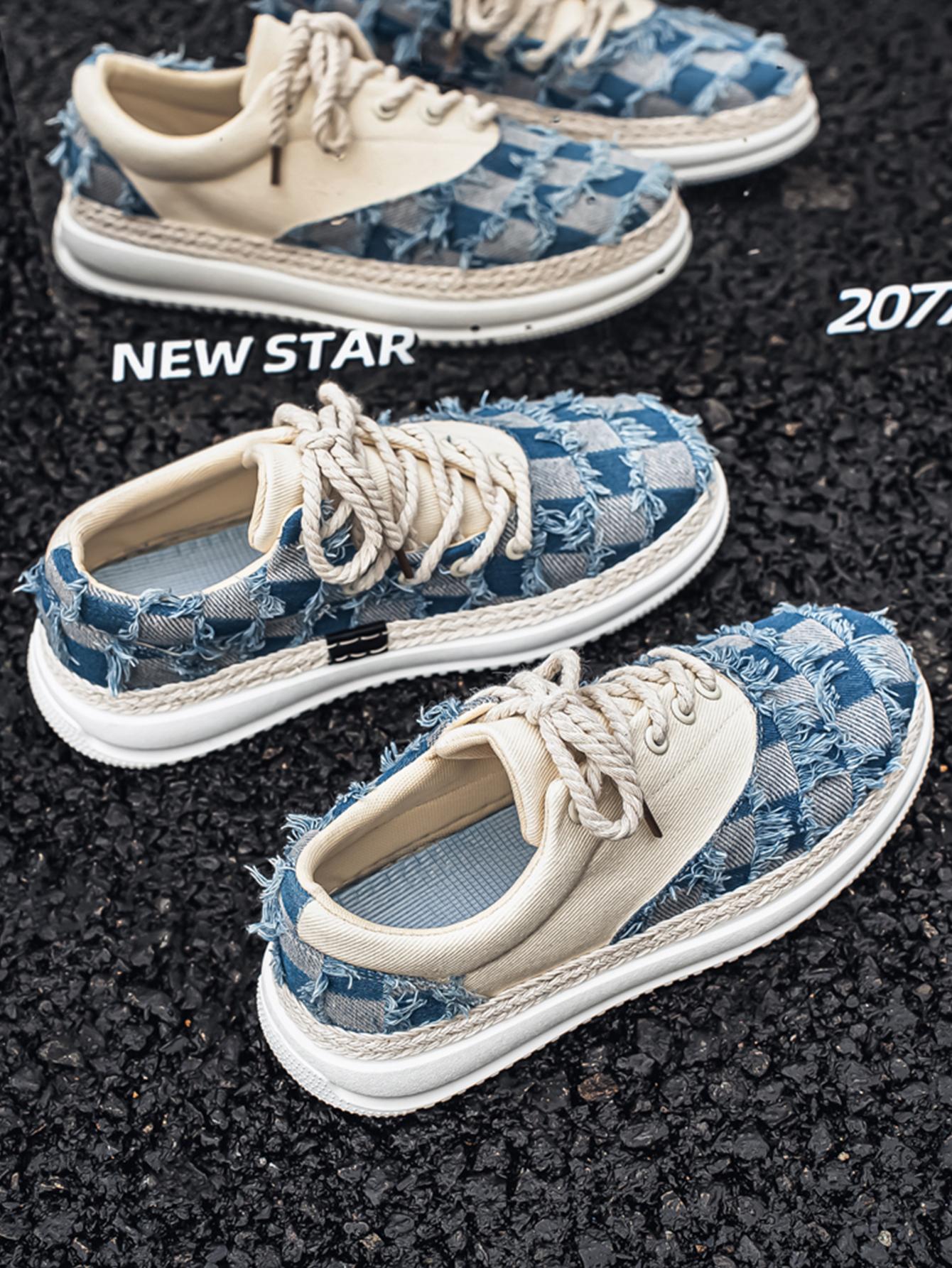 Summer New Men's Plaid Patchwork Hemp Rope Laces, Vintage Straw Trim Soft Elastic Thick Sole, Casual Checkered Shoes for Commute and Streetwear