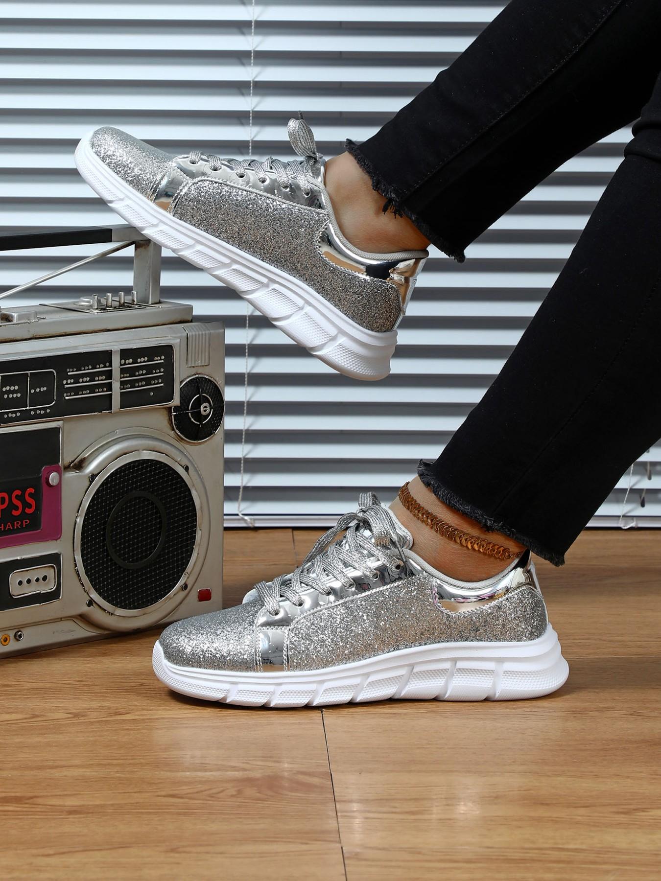 2026 Spring New Silver Color Glitter Thick Sole Casual Board Shoes for Women, Fashion Versatile Height-Boosting Sports Shoes