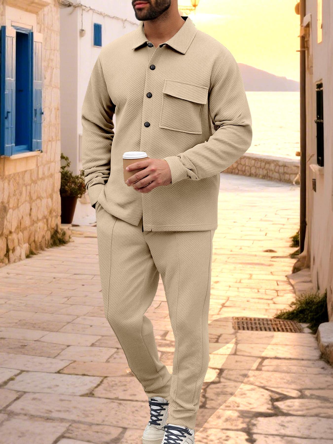 Men's two-piece casual suit outfit with a stand-up collar, long sleeves with a subtle texture, and long pants. The top has a single- button front with a pocket, suitable for daily outings, casual commuting, and light business casual occasions. Men's suit.