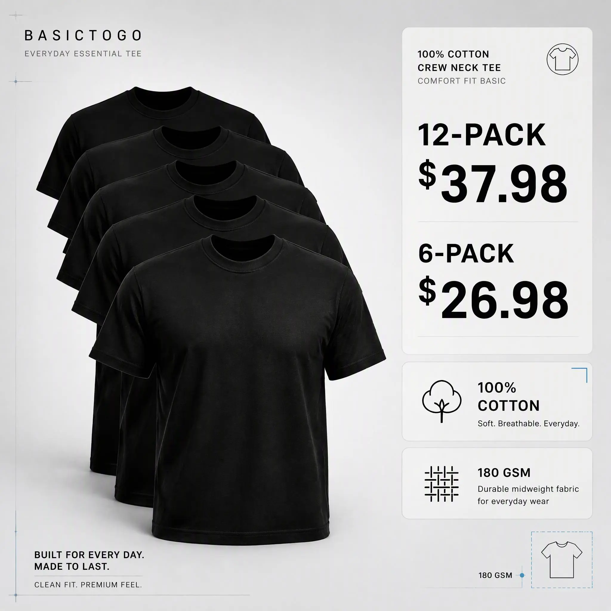 $37.98 12-Pack | $26.98 6-Pack Men's 100% Cotton Black Crew Neck Short Sleeve Undershirts, Comfort Fit Plain Gym Basic Tees, Summer Essential Menswear Tops